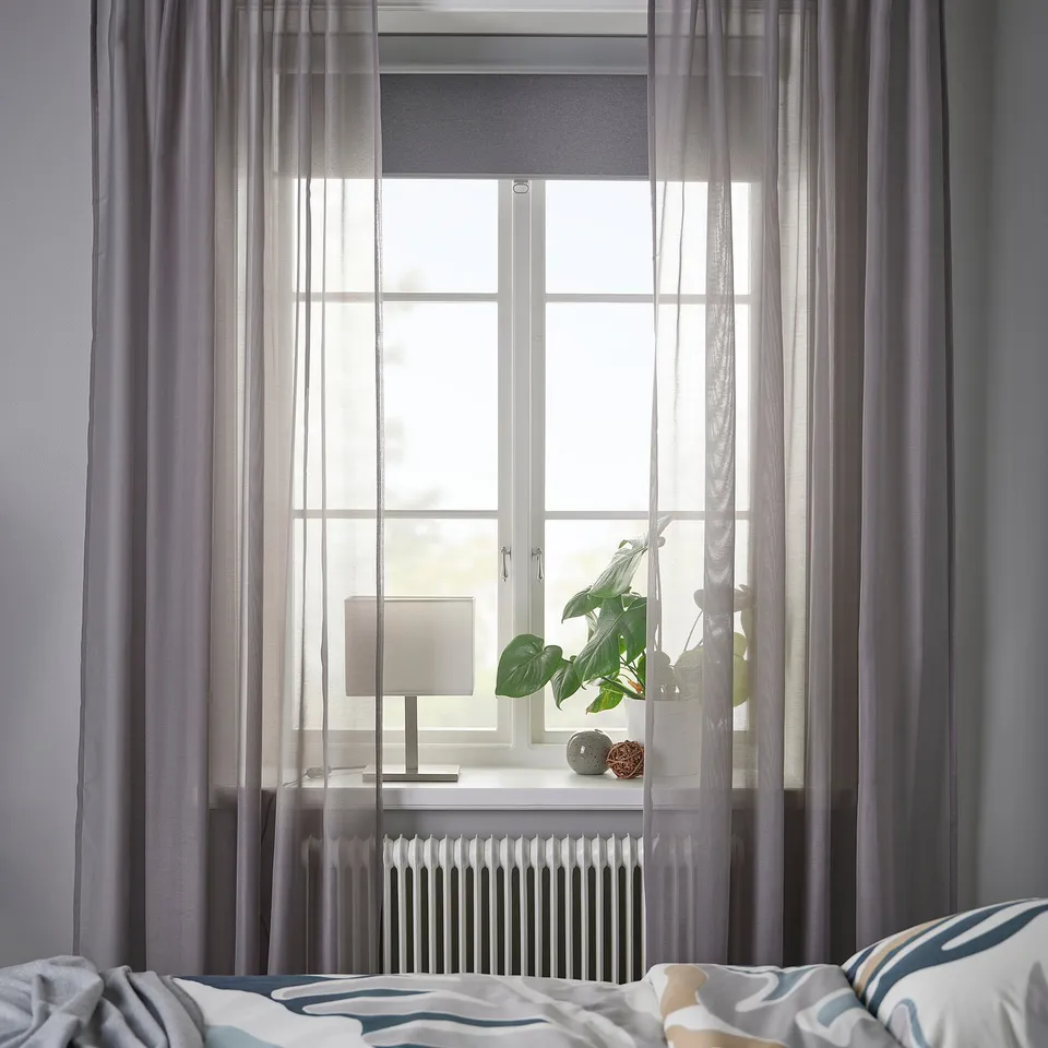 STENFRÖ Sheer curtains, 1 pair, grey/with heading tape, 145x250 cm