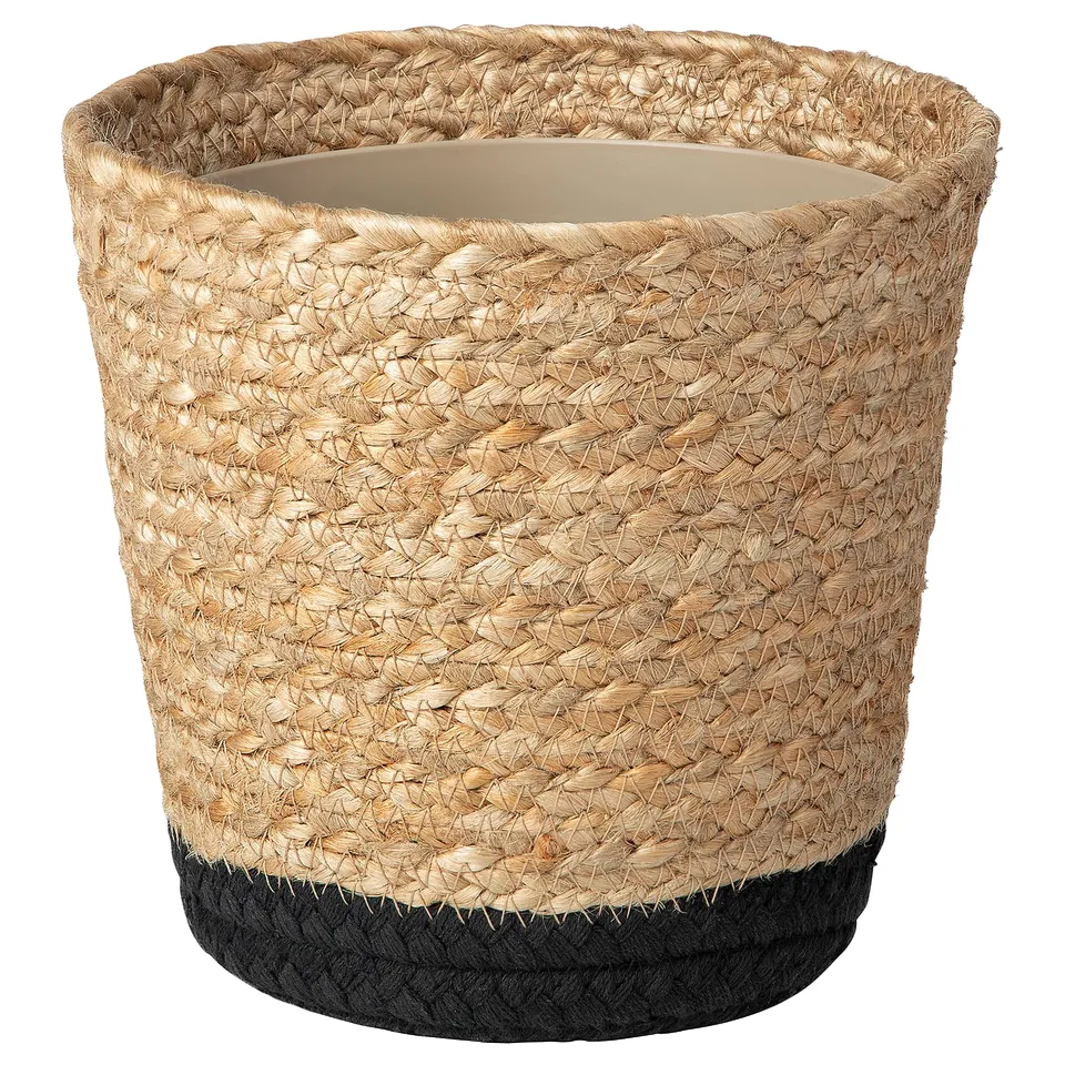 Jute & cotton plant pot, beige/black, round, handwoven, natural material.