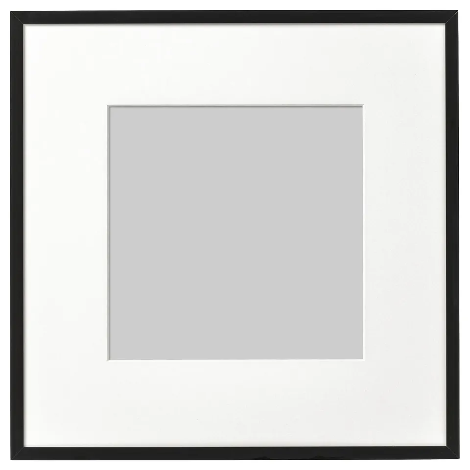 LOMVIKEN black photo frame. Slim metal edge, plastic front. Square shape, minimalist design.