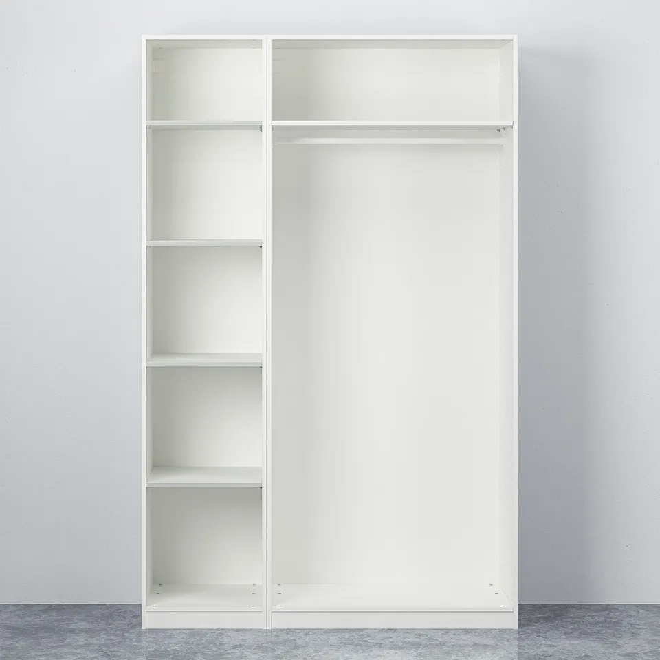 White PAX wardrobe with multiple shelves and hanging space.