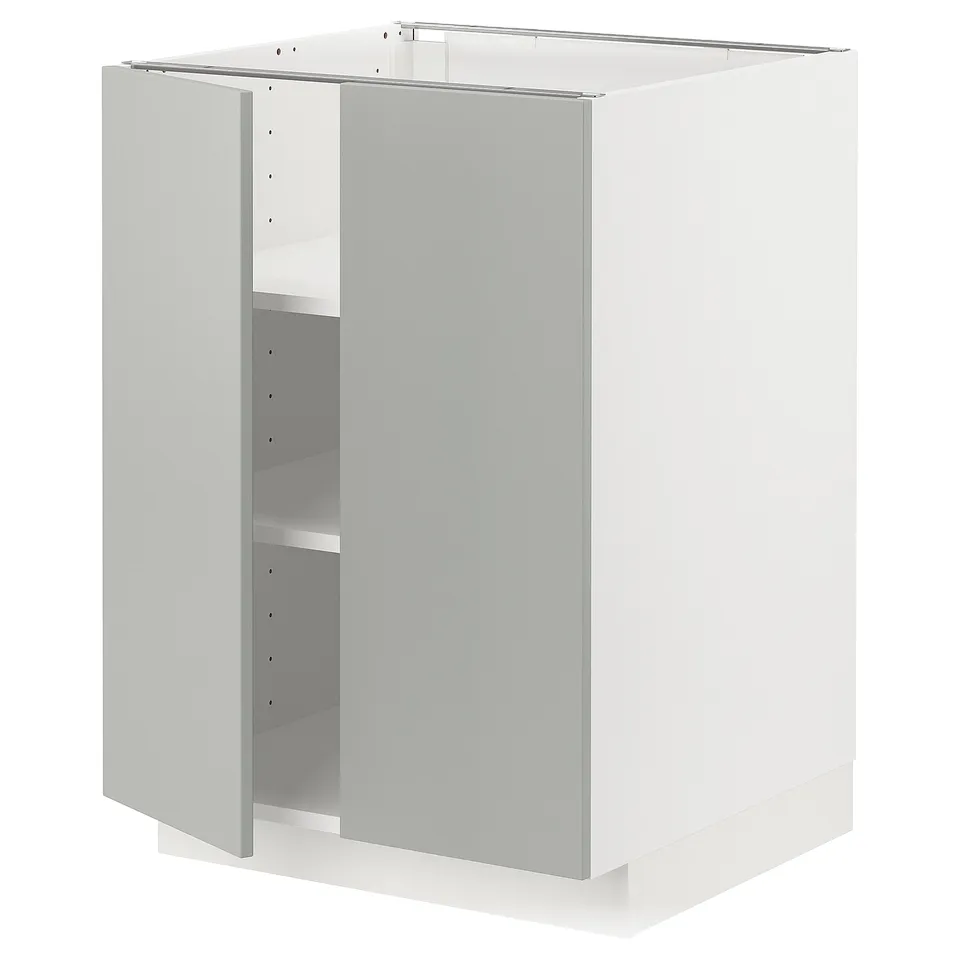 METOD light grey kitchen cabinet, modern clean design, rectangular shape with two opened doors.