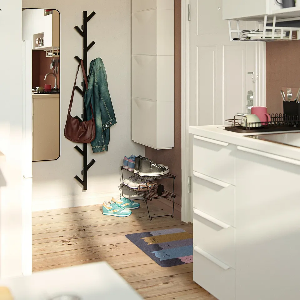 Entryway: coat rack with jacket, purse, shoe rack, striped rug, kitchen counter with dishes.