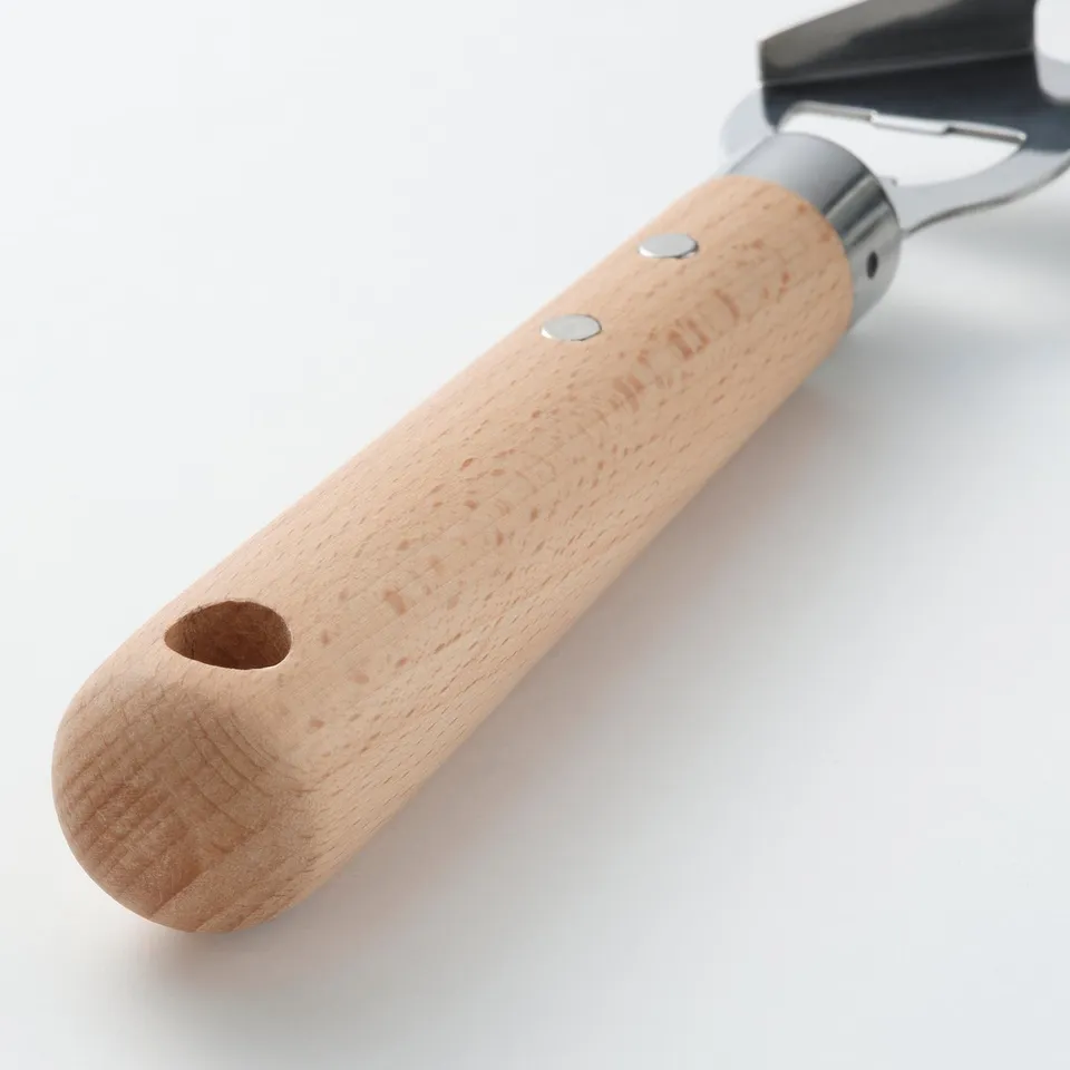 Wooden-handled stainless steel bottle opener. Durable build, natural finish handle.