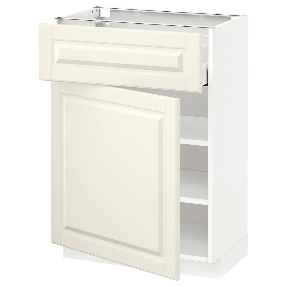 METOD kitchen cabinet with off-white bodbyn door, bevelled edges, adjustable shelves.