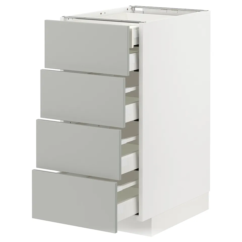 Modern white cabinet with four grey drawers, sleek minimalist design, light grey handles.