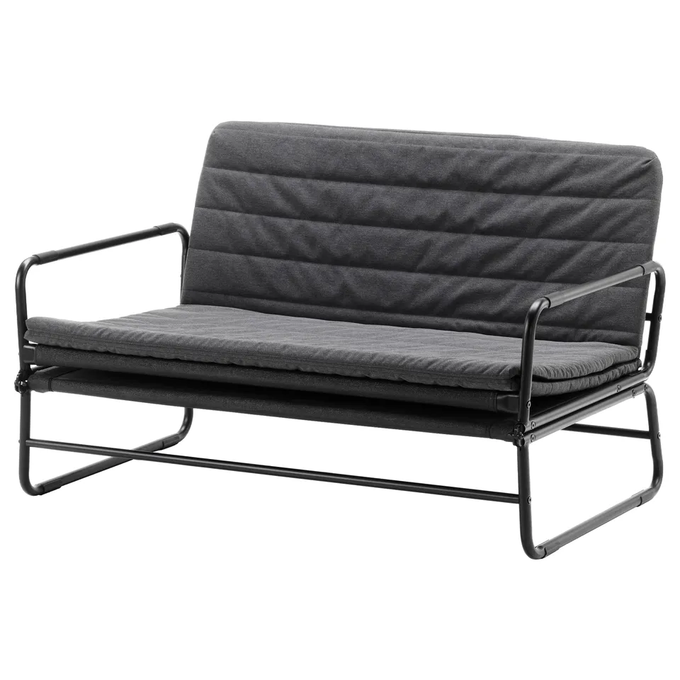 HAMMARN black sofa bed, metal frame, cushioned, transforms easily.