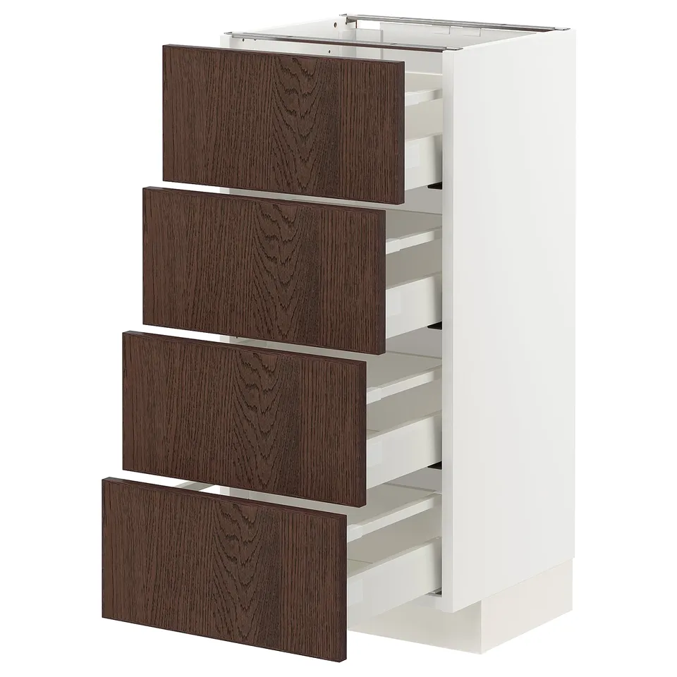 METOD kitchen unit with four open dark brown drawers, sleek design, wood grain texture.