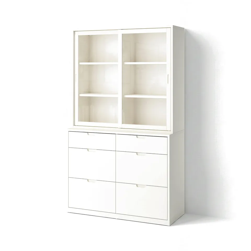 Off-white TONSTAD cabinet and drawers, modern design, wood and glass, clean lines.