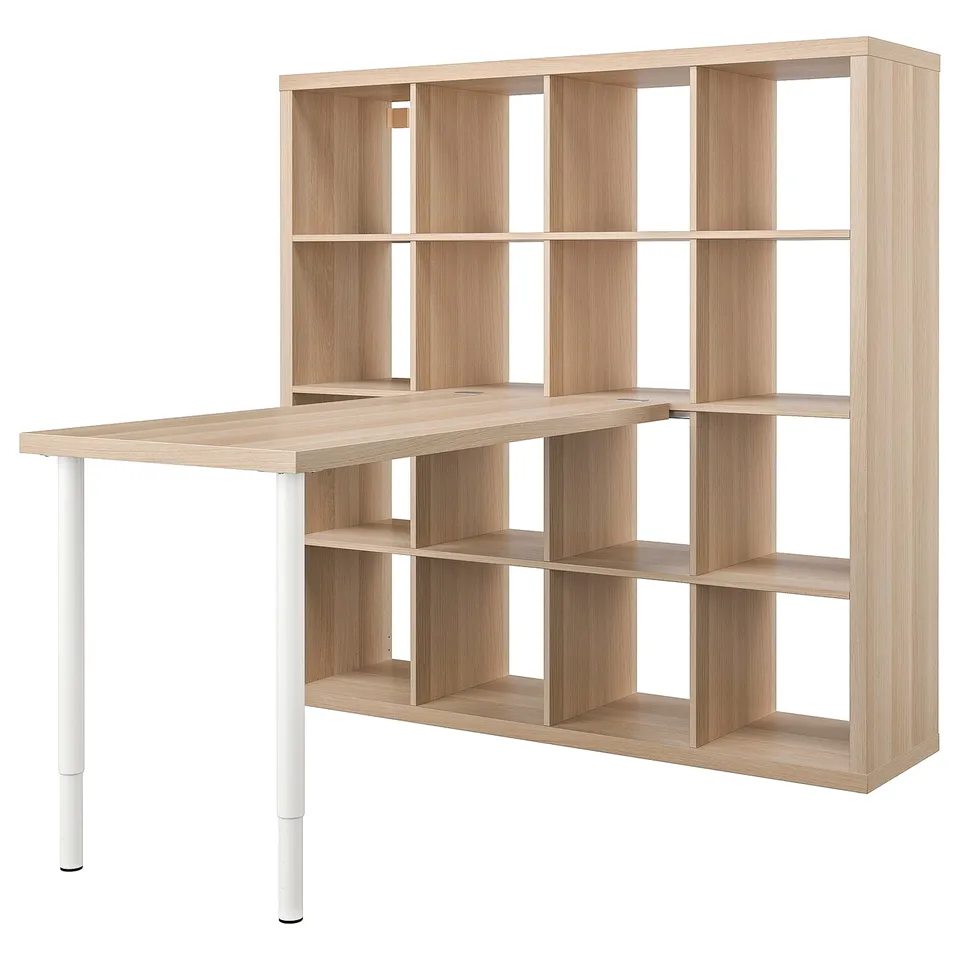 Ikea KALLAX light wood l-shaped desk and shelf combo. Modern, minimalist design with adjustable legs.