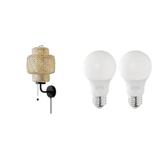 SINNERLIG/SOLHETTA set: wall lamp + LED bulb E27 806 lumen, bamboo/handmade + dimmable/globe opal white, Width 19 x Depth 20 x Height 34 cm