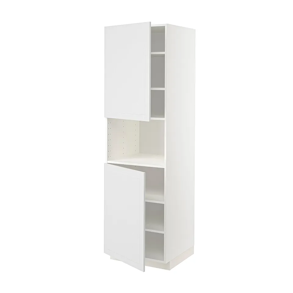 A white METOD kitchen cabinet with adjustable shelves and open doors, featuring a simple and modern design.
