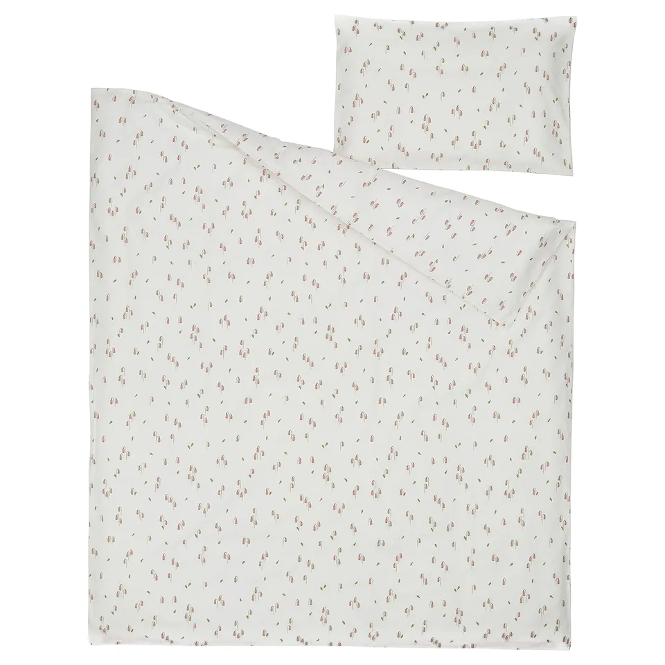 GULDVÄVARE duvet set: white with pink flowers, organic cotton, rectangular.