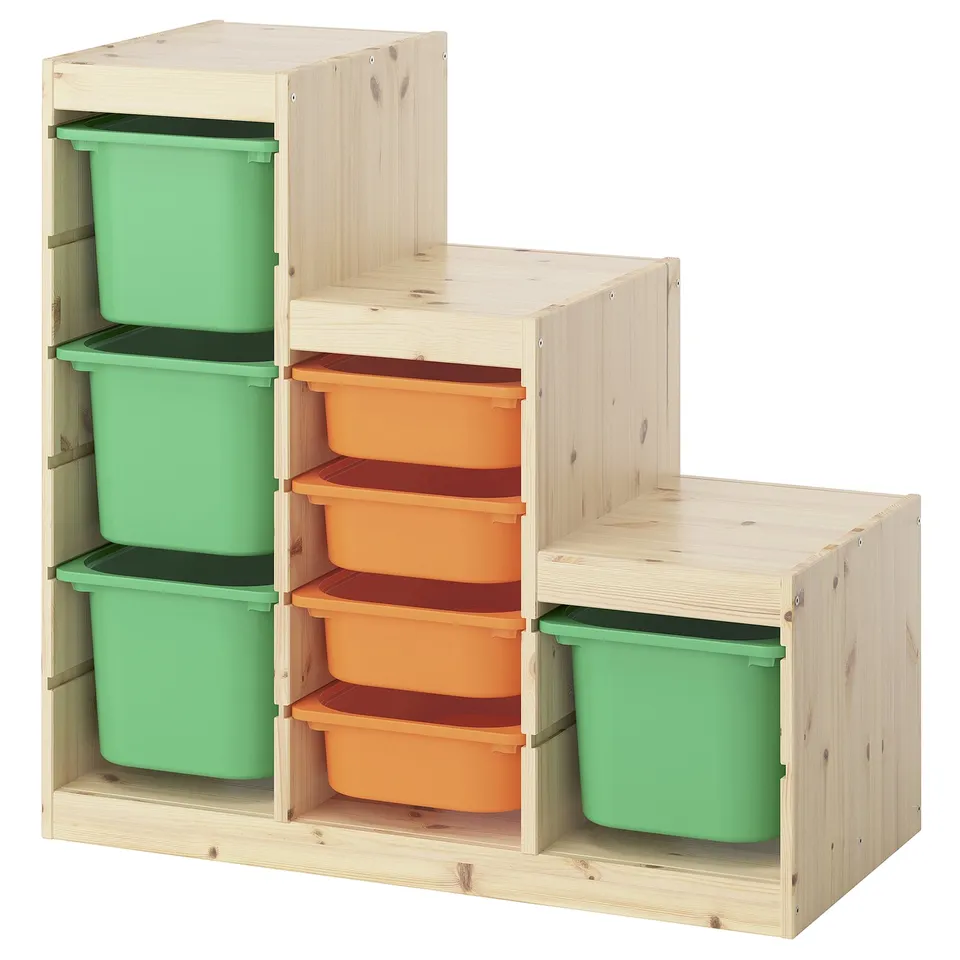Lightwood TROFAST storage unit with green and orange bins. Sturdy, child-friendly design.