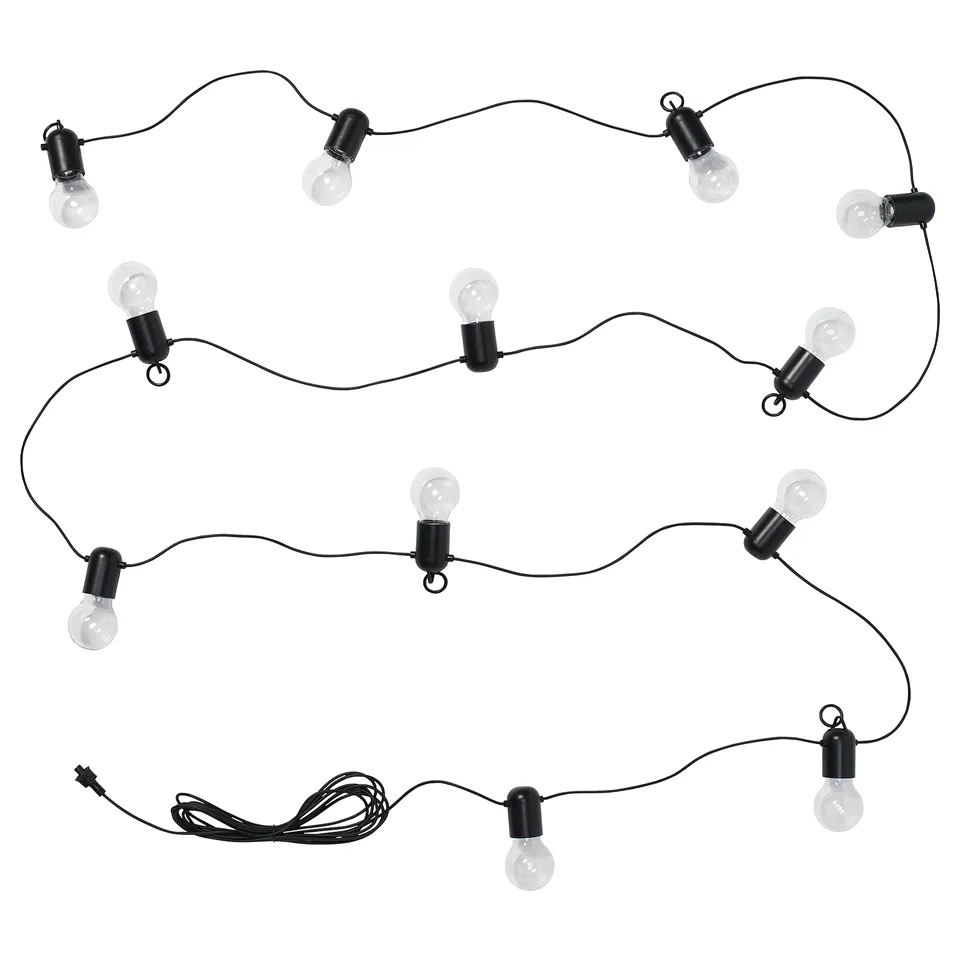 String of 10 black SVARTRÅ lights, spherical bulbs on flexible cord.