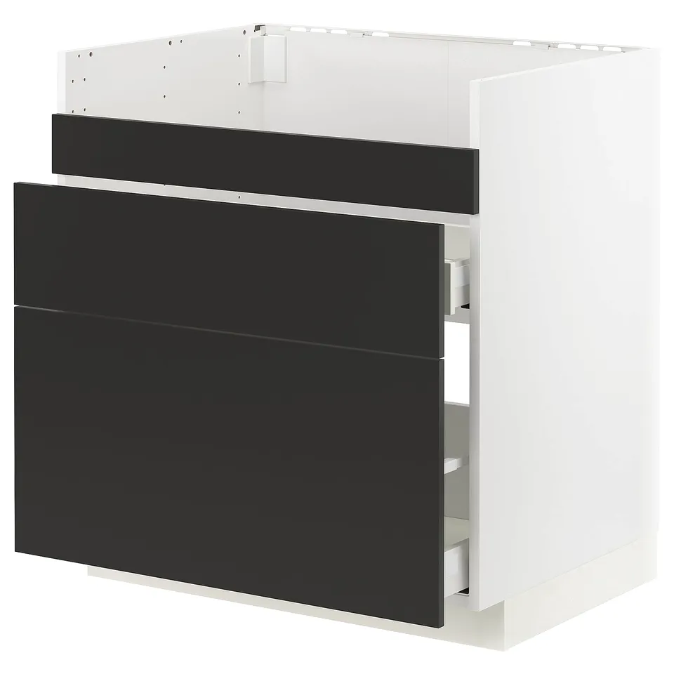 Modern black and white cabinet, sleek design. Ikea METOD, drawer and shelves.