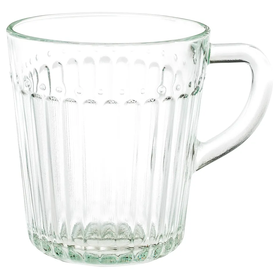 DRÖMBILD clear glass mug, ribbed texture, sturdy handle, heat-resistant tempered glass.