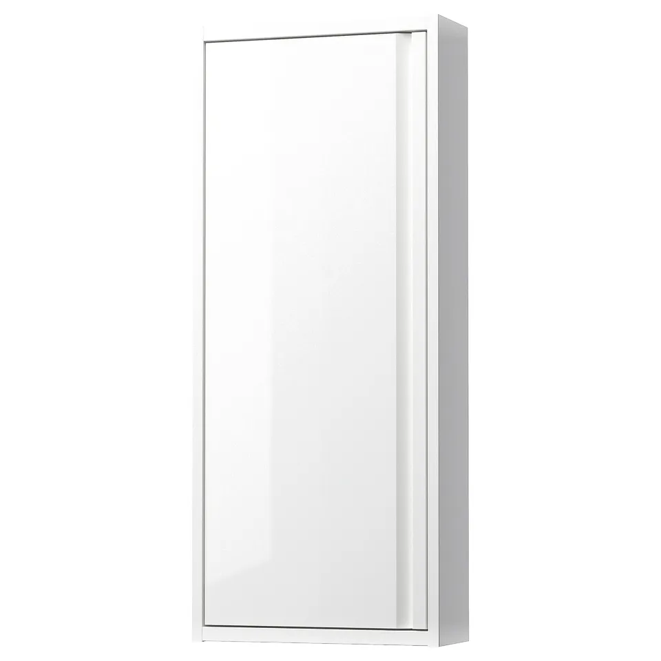 ÄNGSJÖN white wall cabinet, minimalist design, integrated handles, glass shelves, rectangular shape.