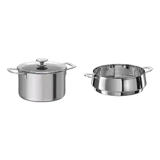HEMKOMST/STABIL set: pot with lid + steamer insert, stainless steel/glass + stainless steel, 5 l