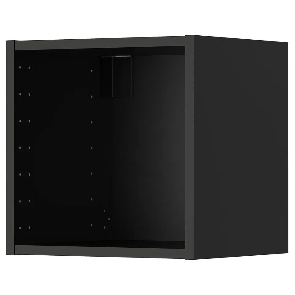 Black METOD kitchen wall cabinet, square shape, open design.