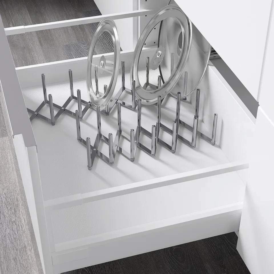 Stainless steel lid organiser for drawer