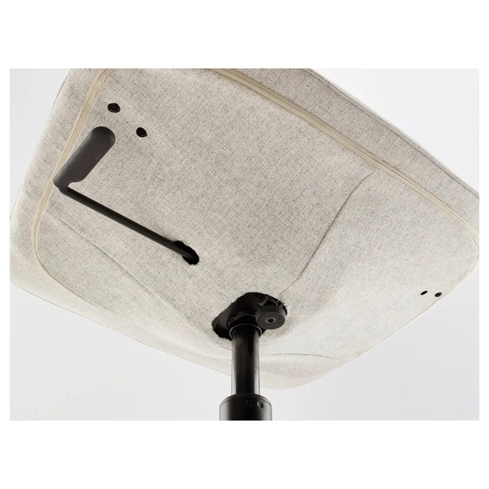 Underside of LÅNGFJÄLL chair: smooth fabric seating, sturdy metal mechanism, adjustable height.