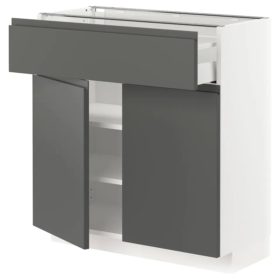 Modern dark grey kitchen unit with smooth drawer and adjustable shelves.