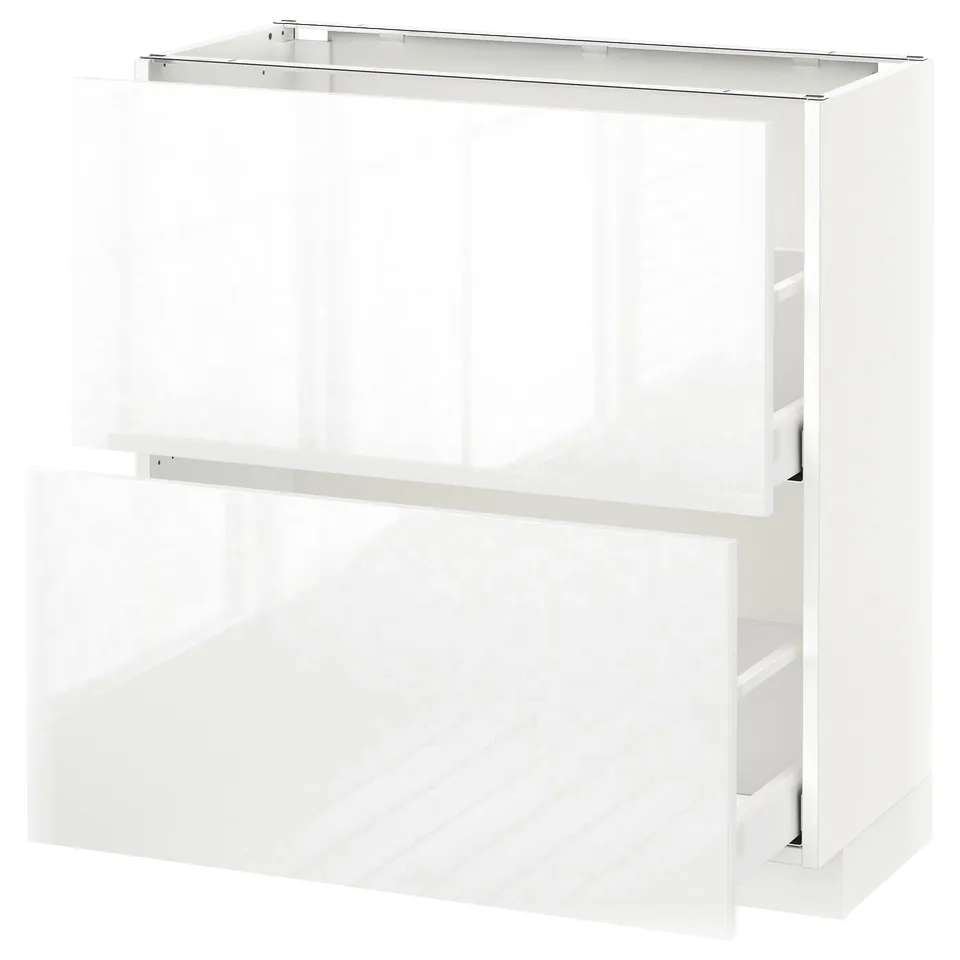 The METOD kitchen cabinet with a white high-gloss finish, sleek design, and multiple compartments.