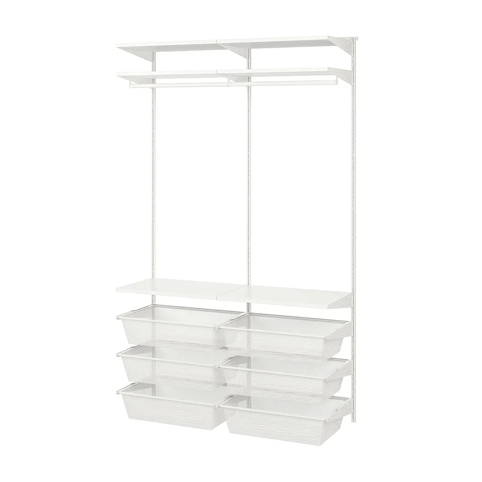 Displays a white BOAXEL wall-mounted storage system. It a hanging rod, shelves, and mesh drawers for organised storage.