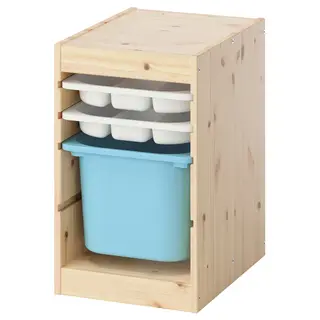 TROFAST storage combination with box/trays, light white stained pine white/light blue, 32x44x53 cm
