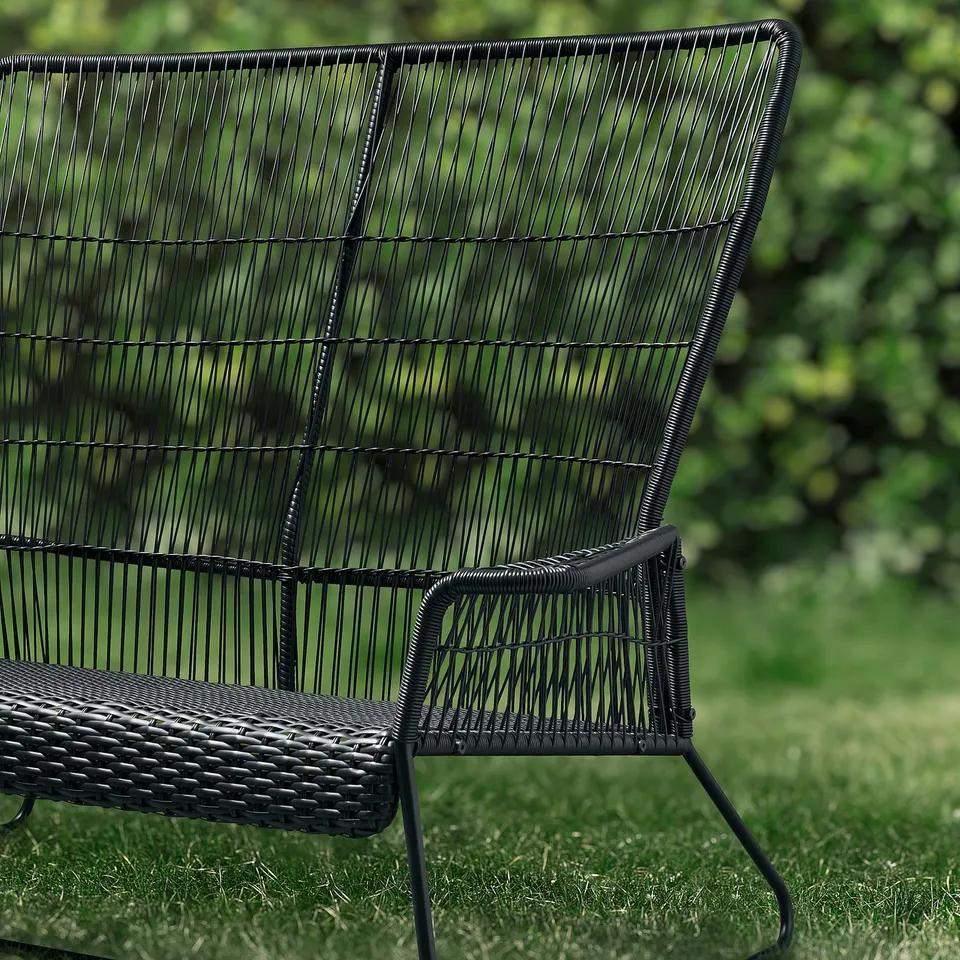 TALLSKÄR black outdoor sofa, wickerweave, comfy, fits two, modern design.