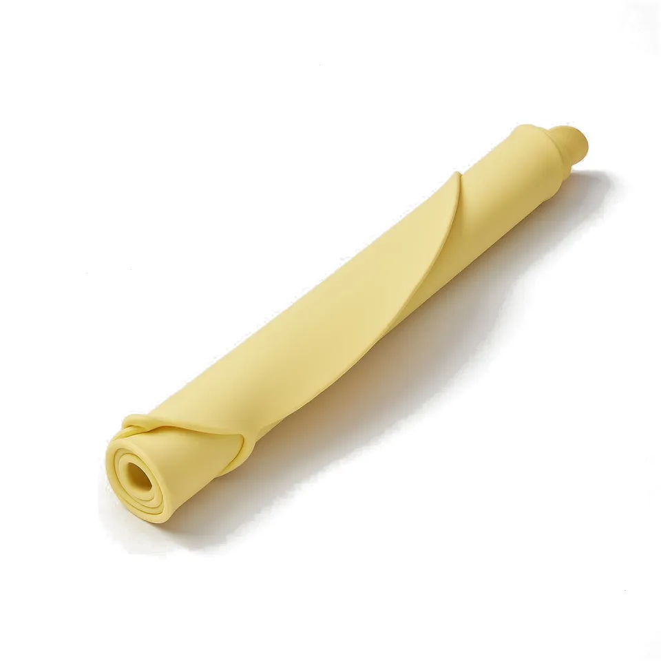 Yellow silicone placemat rolled up with a loop on top, designed for kids mealtimes.