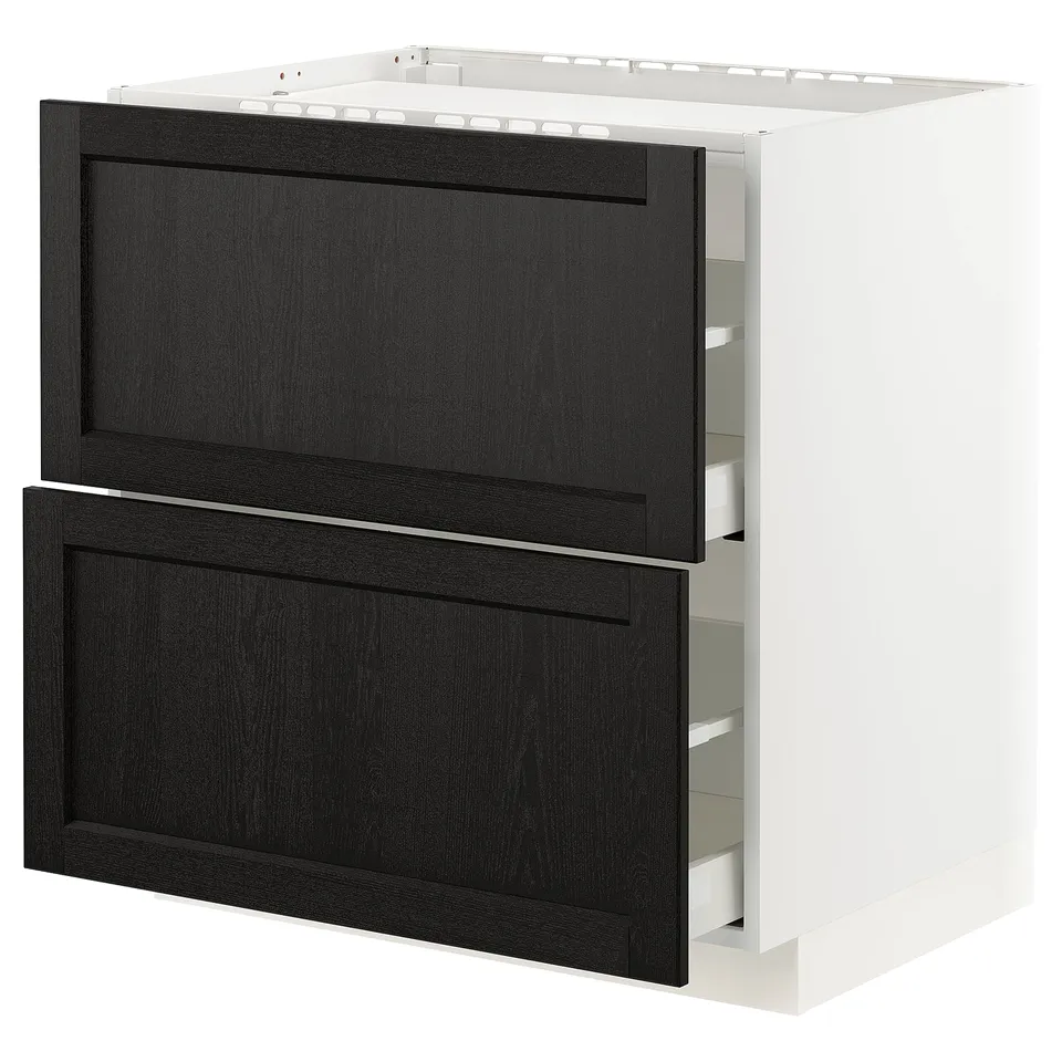 Modern kitchen cabinet, white base, black stained wood drawers.