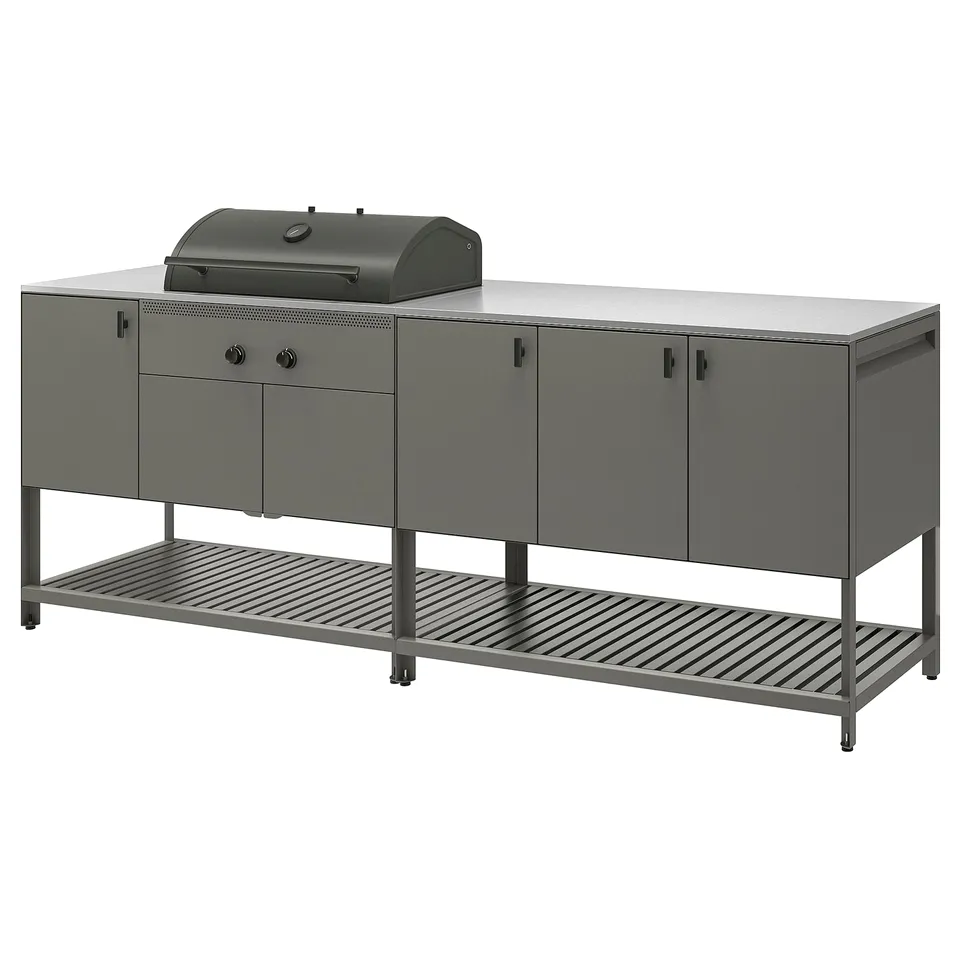 BÅTSKÄR Outdoor kitchen w charcoal barbecue, dark grey, 240x60 cm