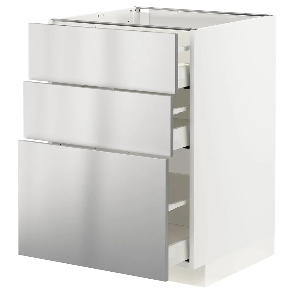 Modern white kitchen cabinet, three stainless steel drawers, sleek design.