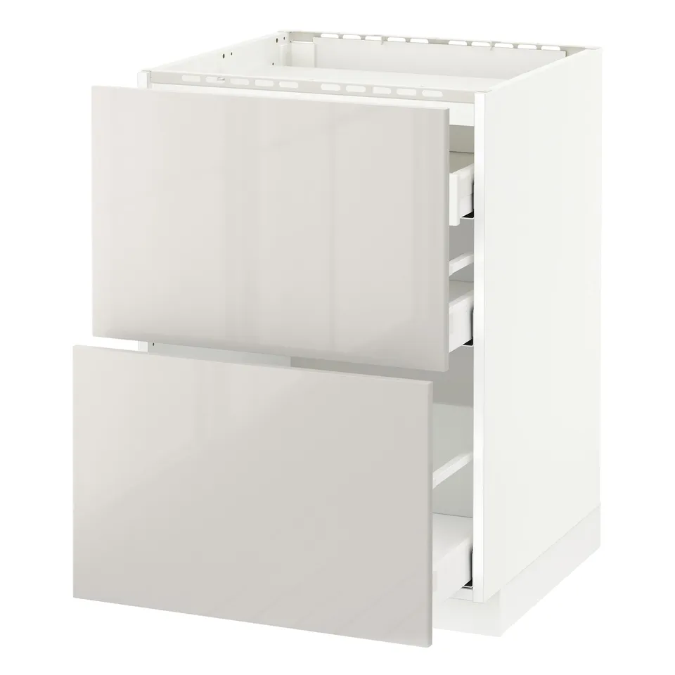 Image depicts a white METOD kitchen cabinet featuring two large pull-out drawers with a sleek, modern design.