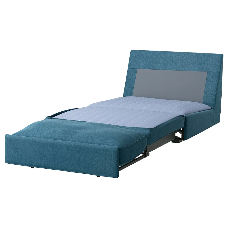 Blue KIVIK sofa-bed, modern design, compact size, convertible for guests.