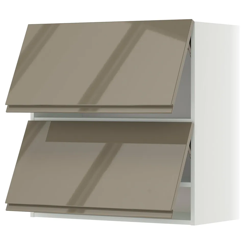 Modern high-gloss dark grey-brown kitchen cabinet with sleek, handle-less design.