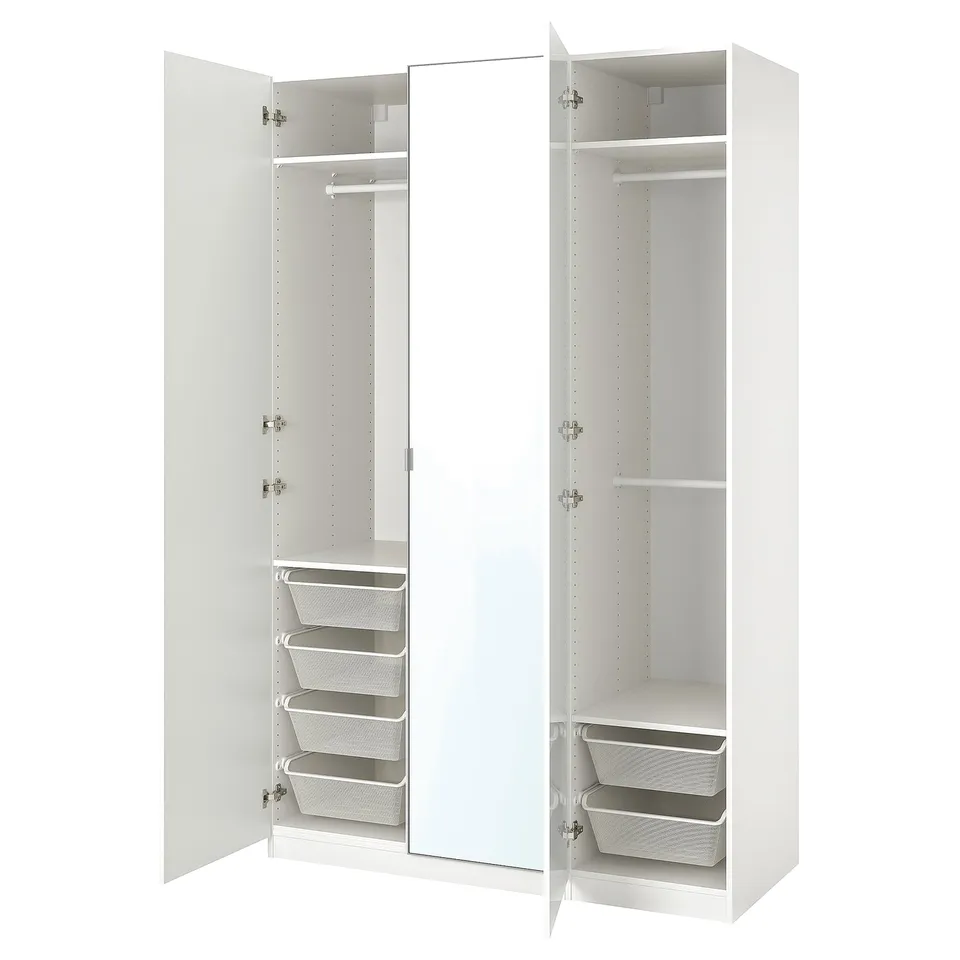 White PAX wardrobe, mirrored doors, mesh baskets, metal rails.