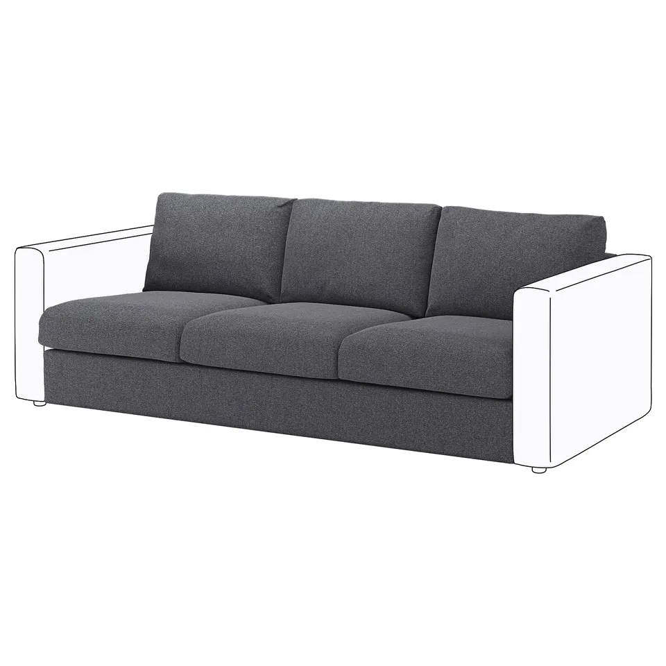 VIMLE grey sofa, modern design, three cushions, white legs, clean lines.