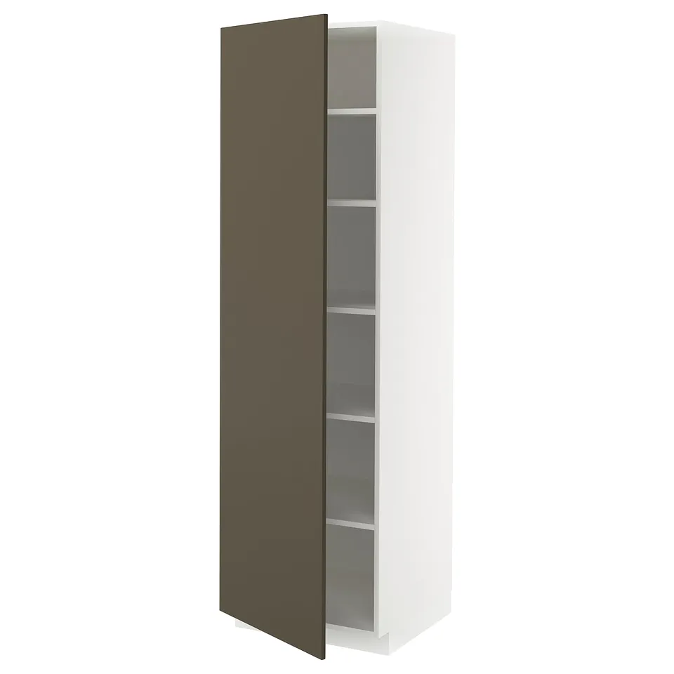 METOD kitchen cabinet; white, rectangular, dark brown door, three shelves.