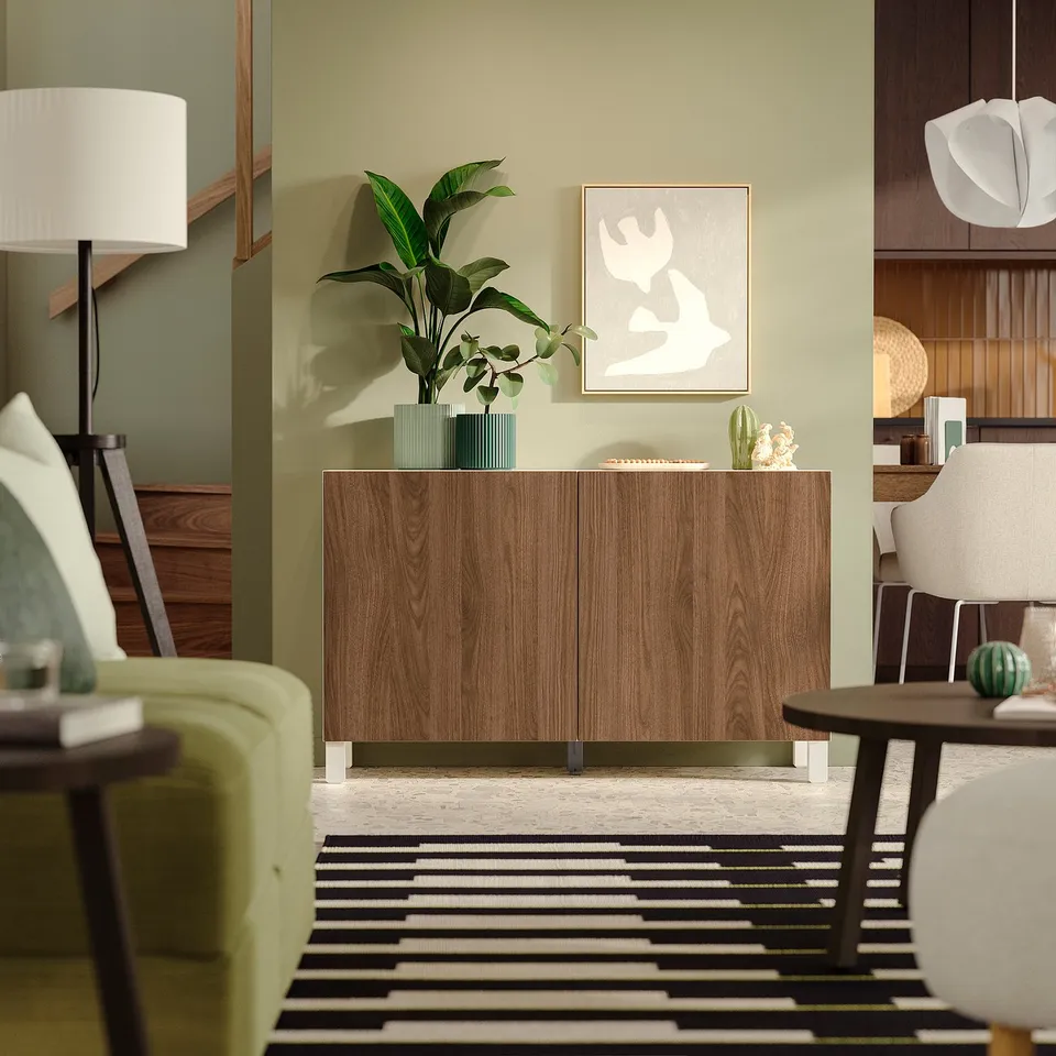 BESTÅ Storage combination with doors, white brown/Lappviken/Stubbarp brown walnut effect, 120x42x74 cm
