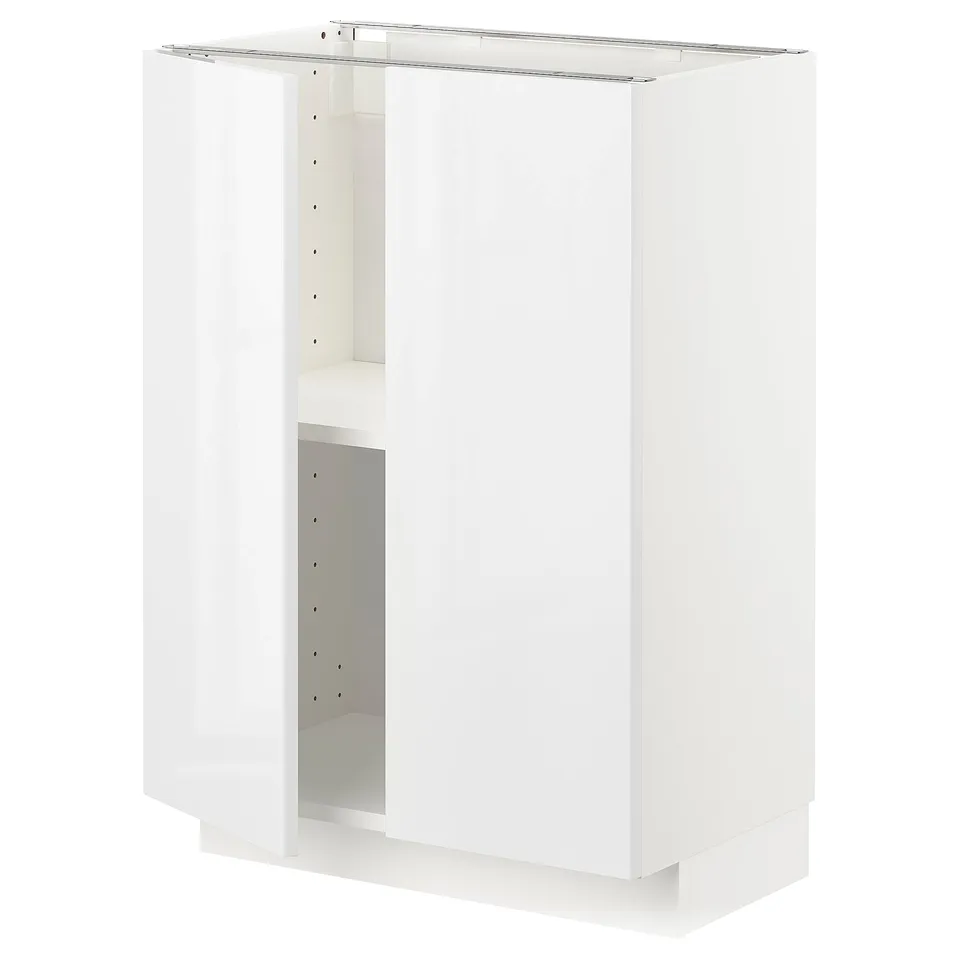 Modern white METOD kitchen cabinet, glossy finish, 3 shelves, square shape.