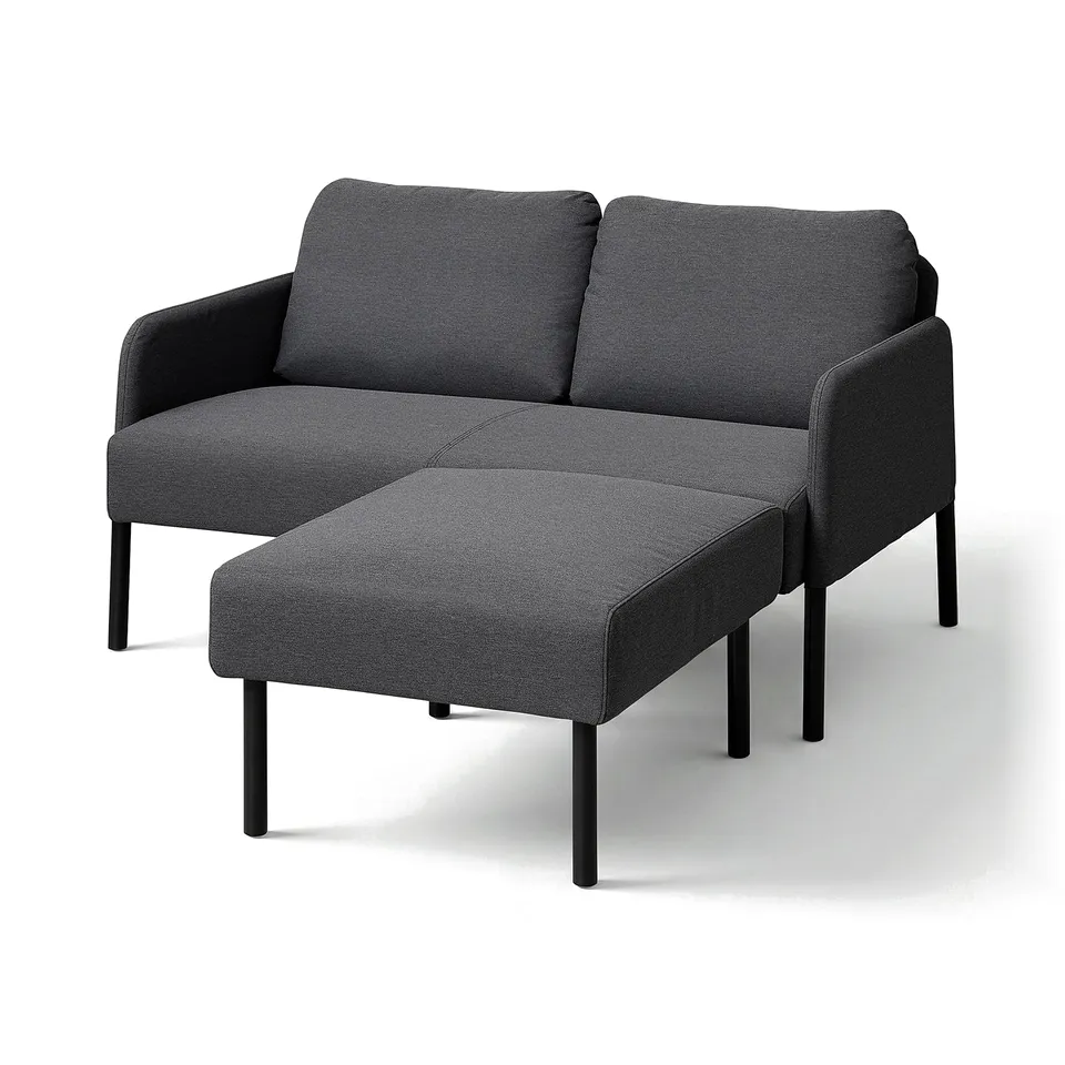 Dark grey GLOSTAD fabric 2-seat sofa with matching ottoman, angled legs, soft cushions.