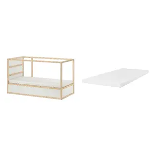 KURA/ÅRBERGET set: reversible bed + natural latex mattress, white/pine + medium firm white, 90x200 cm