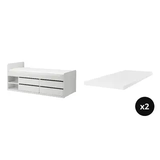SLÄKT/ÅRBERGET set: bed frame w storage+slatted bedbase + natural latex mattress x2, white + medium firm white, 90x200 cm