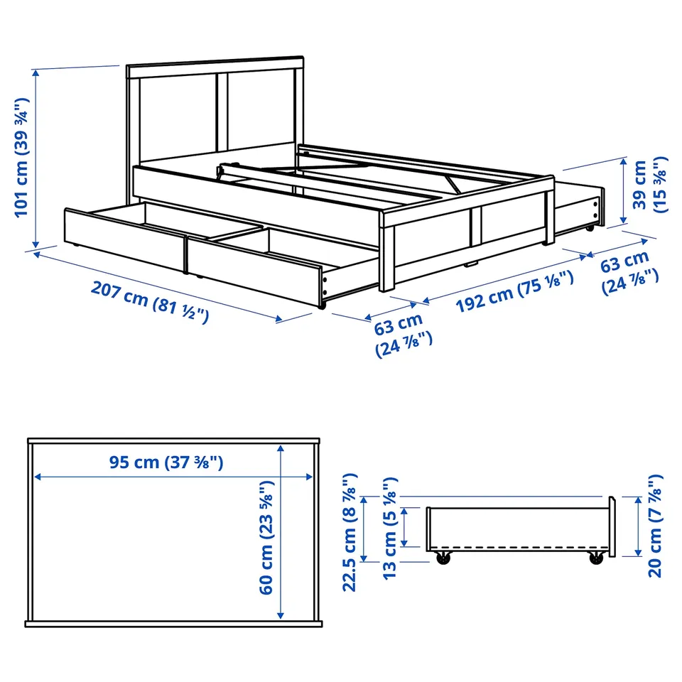 FÅGELFJÄLLET Bed frame with 4 storage boxes, black oak effect/Luröy, 180x200 cm