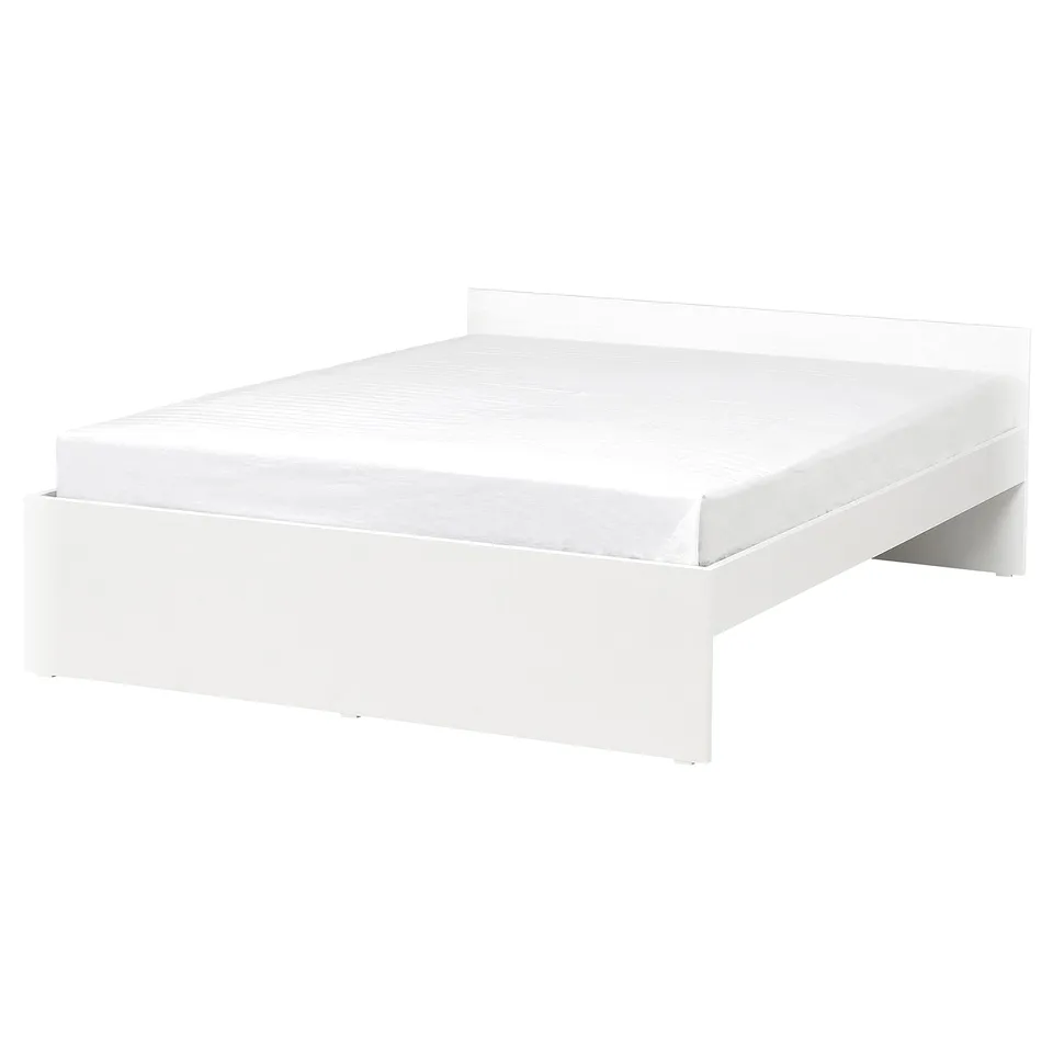White VIHALS bed, sleek & minimalist design, no visible fittings, acrylic paint & fiberboard.
