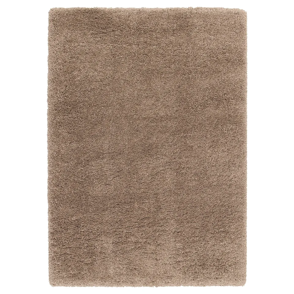 Tan shaggy rug, soft to touch, thick pile, square shape.