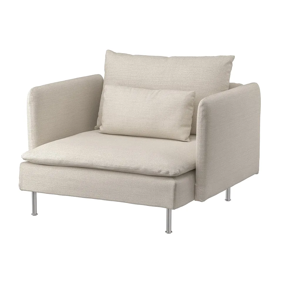 Modern beige armchair, SÖDERHAMN, with two cushions, light grey fabric, soft design, and metal legs.
