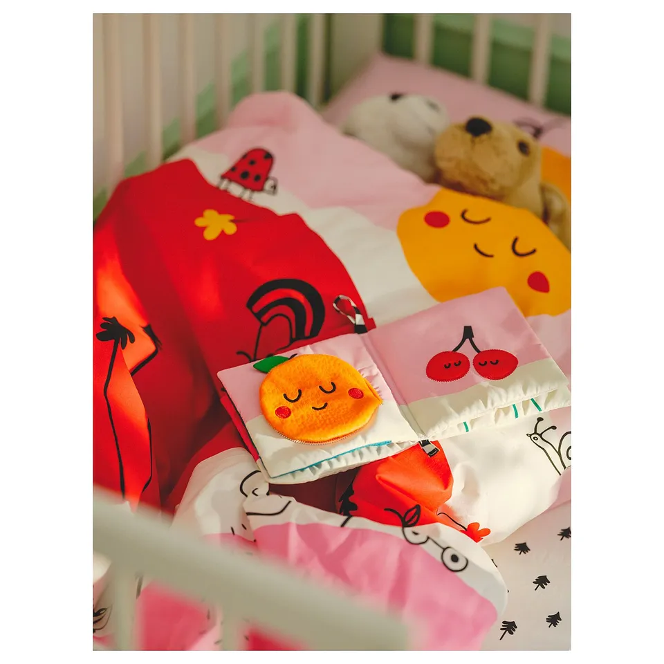 GRÖNFINK Duvet cover 1 pillowcase for cot, multicolour/striped, 110x125/35x55 cm